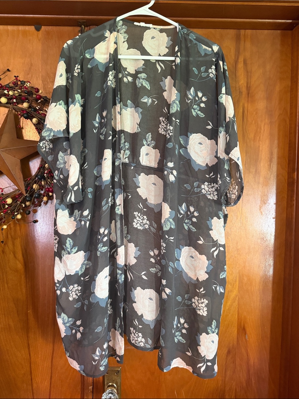 Maurices Black Floral Kimono with Cream & Sage Flowers